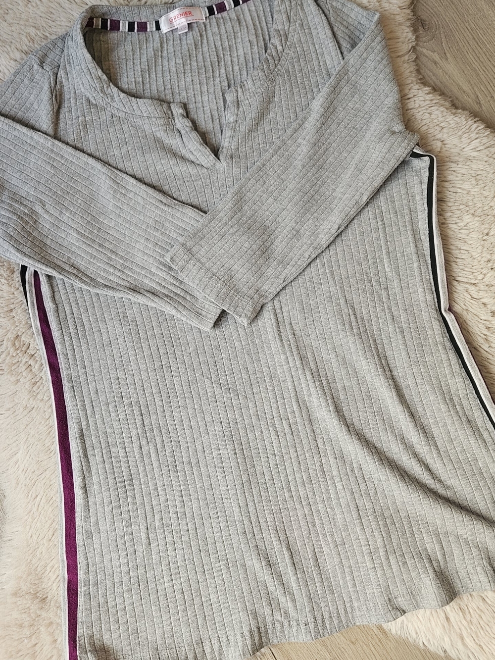 ​Le Grenier Gray Ribbed Henley Long Sleeve Top Side Stripe Size M🔥
